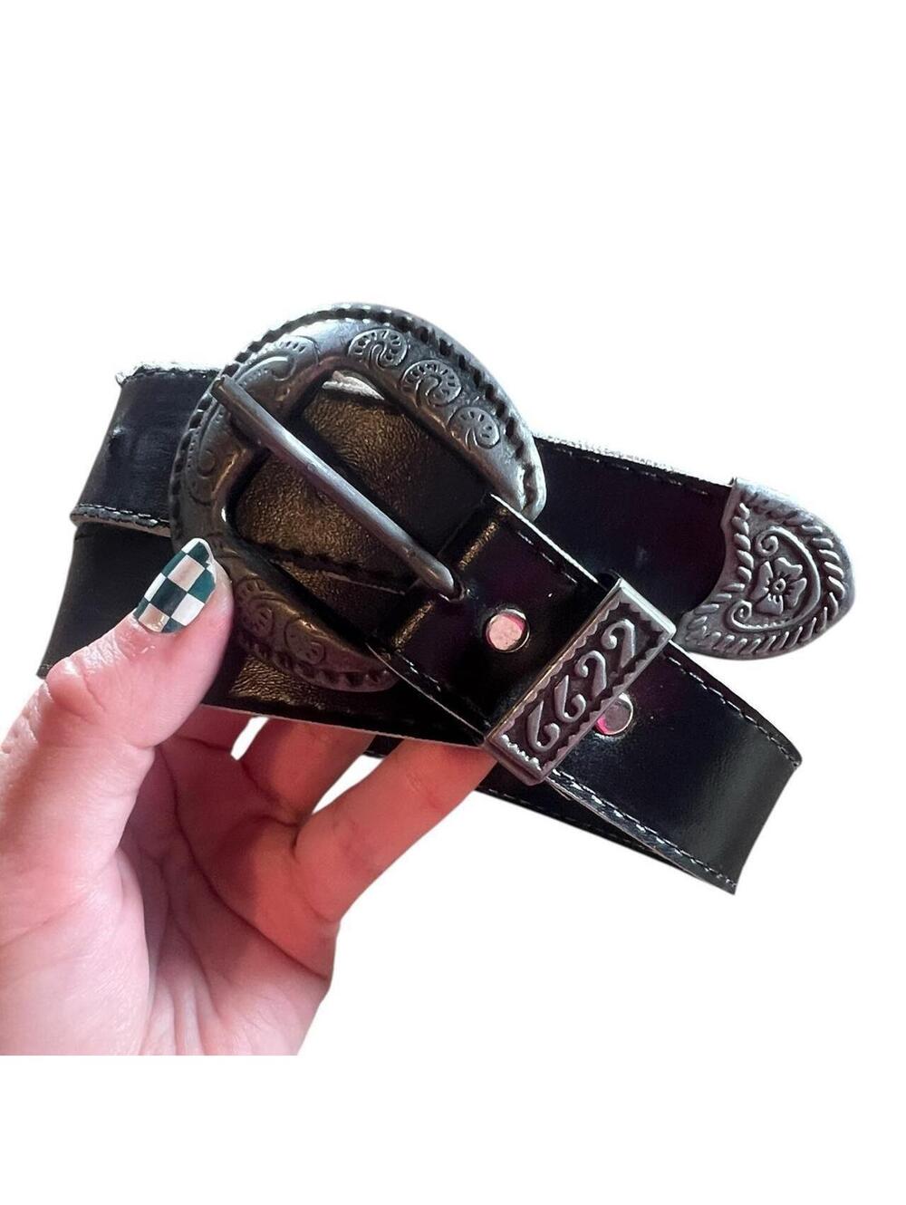 Vintage Black Leather 69 Engraved Silver Buckle